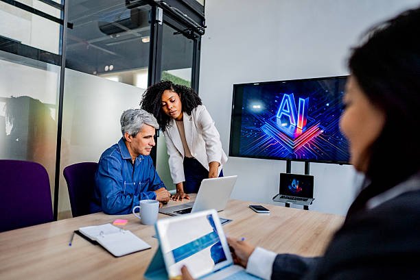 Business professionals using AI technology in 2026 workplace